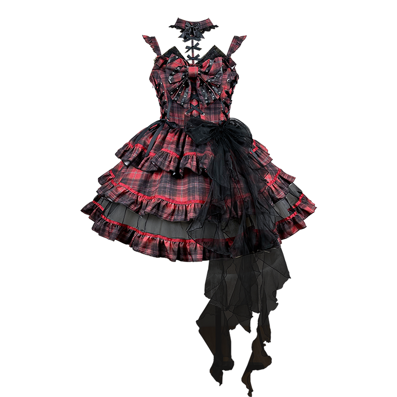 punk dress Alt Gothic Sleeveless Black Rags n Rituals This edgy number closes with a front zipper and is accessorized with eyelets Punk studded plaid layered mini