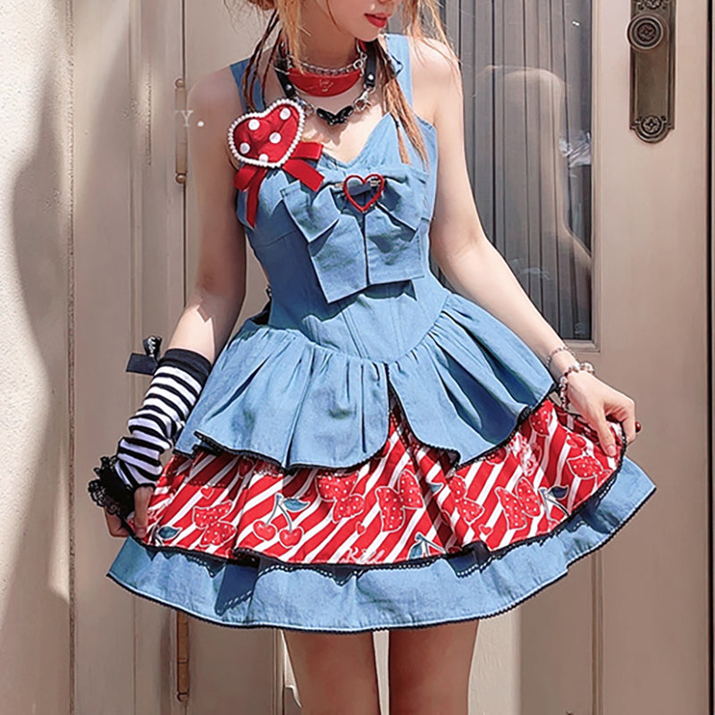 Lolita Cherry Denim JSK Punk Dress LS0622