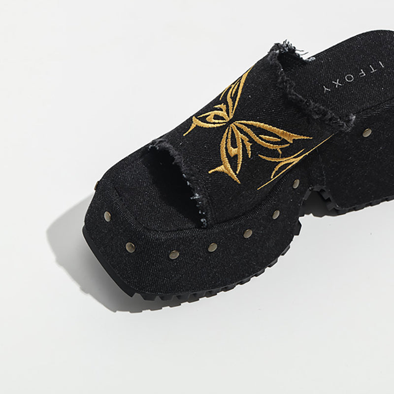 Lolita Denim Embroidered Bow Platform Shoes LS0530
