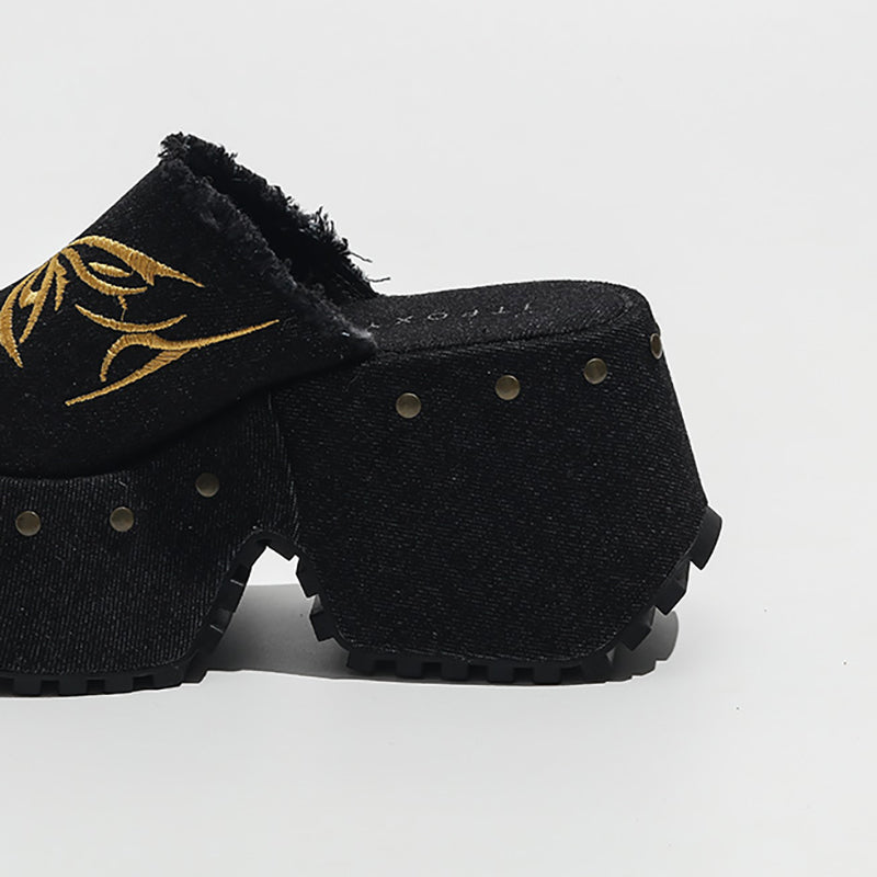 Lolita Denim Embroidered Bow Platform Shoes LS0530