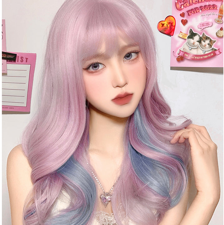 Lolita blue pink long curly wig LS0413