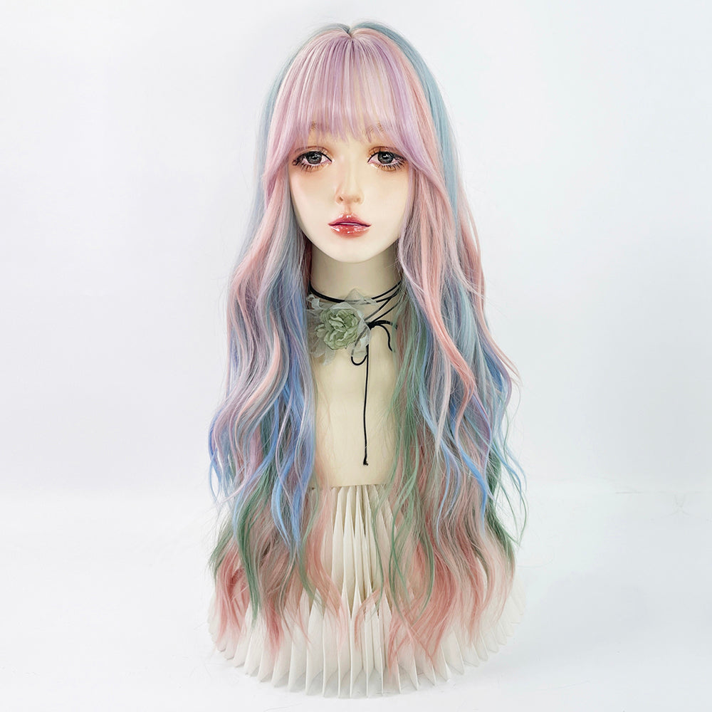 Lolita punk rainbow long curly wig LS0596